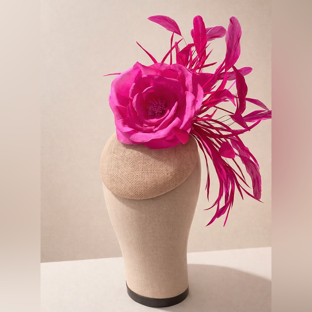 Hot Pink Rose & Feather Fascinator – Kentucky Derby Oaks / Ascot Statement Hat